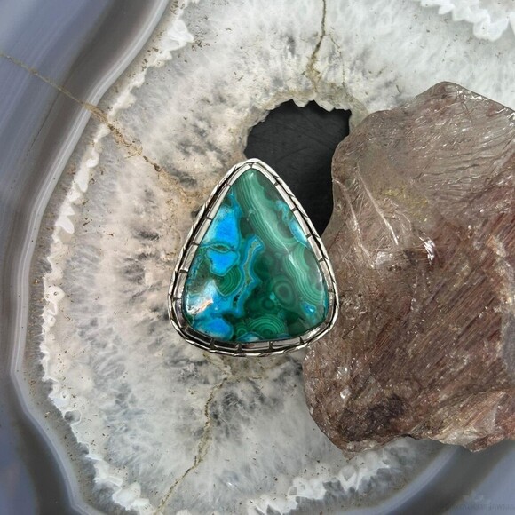 Sterling Southwestern Style Triangular Malachite Chrysocolla Ring S 9 For Women - Picture 6 of 10